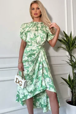 Green Floral Printed Short Puff Sleeve Gathered Side Midi Dress