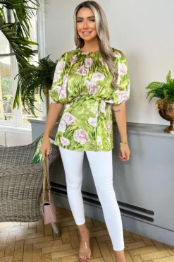Green Floral Satin Ruched Shoulder Batwing Top
