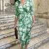 Green Floral Wrap Shirt Midi Dress