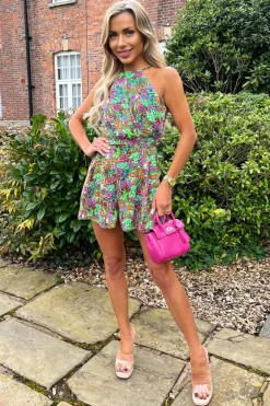 Green Garden Print High Neck Playsuit