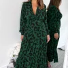 Green Leopard Print Long Sleeve Smock Midi Dress