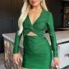 Green Long Sleeve V Neck Knot Detail Cut Out Ruched Skirt Mini Dress