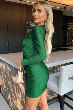 Green Long Sleeve V Neck Knot Detail Cut Out Ruched Skirt Mini Dress