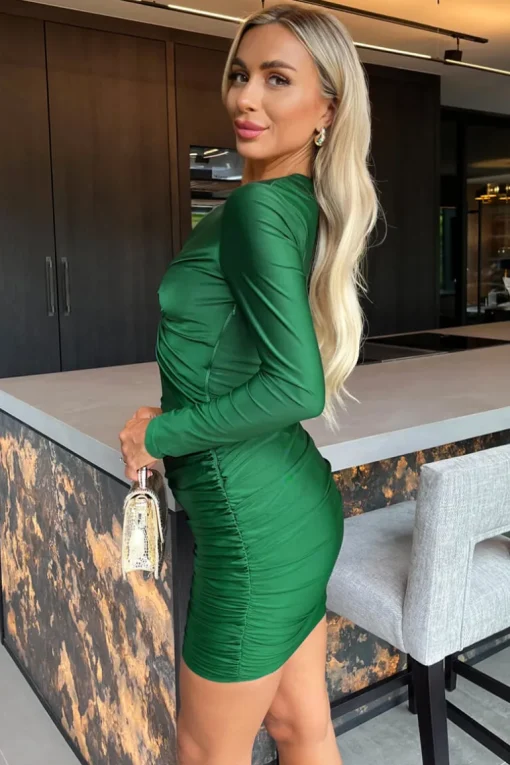 Green Long Sleeve V Neck Knot Detail Cut Out Ruched Skirt Mini Dress