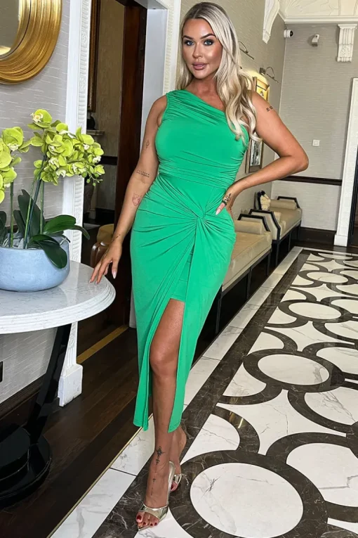 Green One Shoulder Knot Skirt Midi Dress