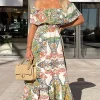Green Paisley Multi Printed Bardot Style Midi Dress