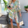 Green Paisley Multi Printed 3/4 Sleeve Wrap Tie Mini Dress