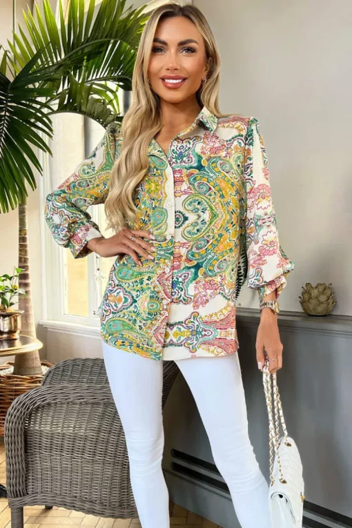 Green Paisley Multi Print Button Front 3/4 Sleeve Shirt