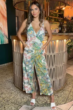Green Paisley Multi Print V Neck Jumpsuit