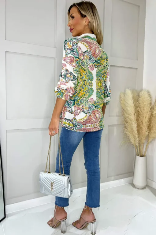 Green Paisley Multi Print Button Front 3/4 Sleeve Shirt