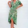 Green Paisley Printed V-Neck Belted Wrap Midi Dress
