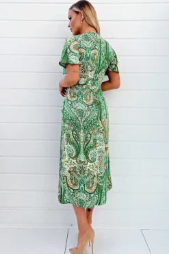 Green Paisley Printed V-Neck Belted Wrap Midi Dress