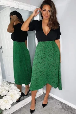 Green Printed 2 in 1 Wrap Over Tie Side Dress