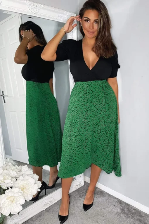 Green Printed 2 in 1 Wrap Over Tie Side Dress