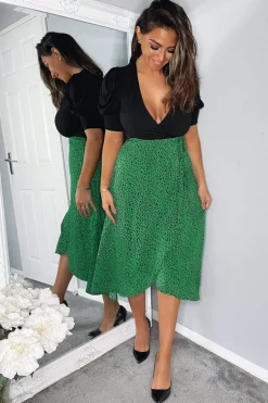 Green Printed 2 in 1 Wrap Over Tie Side Dress