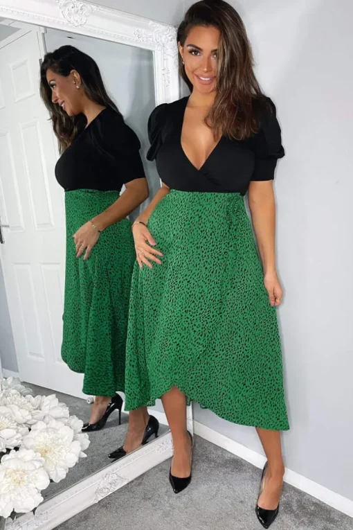Green Printed 2 in 1 Wrap Over Tie Side Dress
