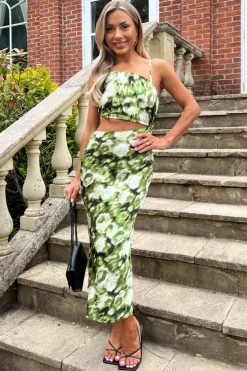 Green Printed Asymmetric Cut Out Midi Dress