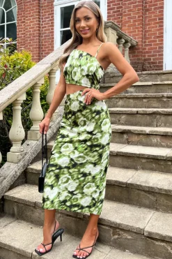 Green Printed Asymmetric Cut Out Midi Dress