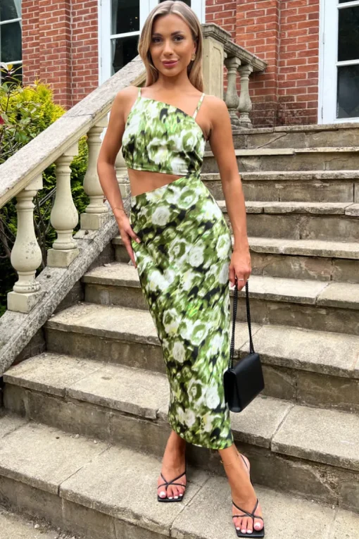 Green Printed Asymmetric Cut Out Midi Dress