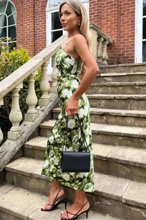 Green Printed Asymmetric Cut Out Midi Dress