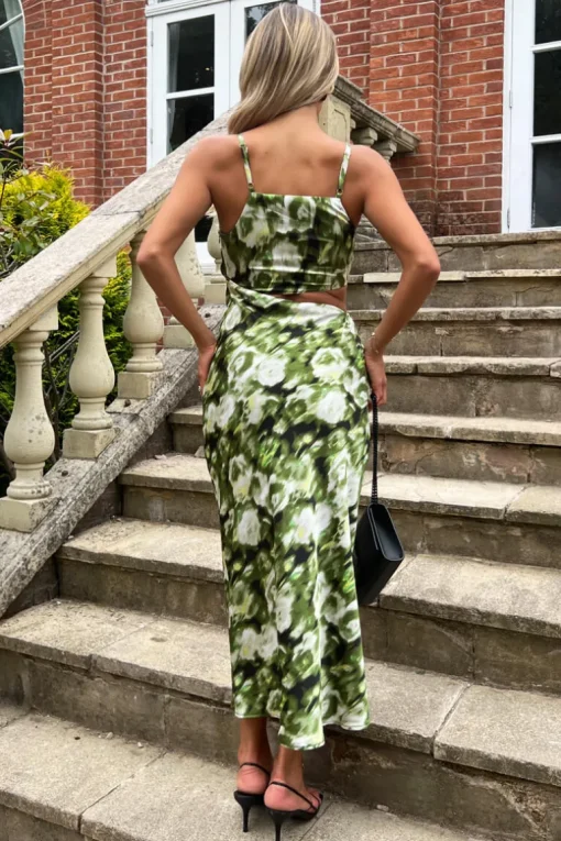 Green Printed Asymmetric Cut Out Midi Dress