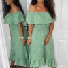 Green Printed Bardot Style Midi Dress