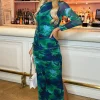 Green Printed Mesh Long Sleeve Bodycon Midi Dress