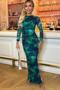 Green Printed Mesh Long Sleeve Bodycon Midi Dress