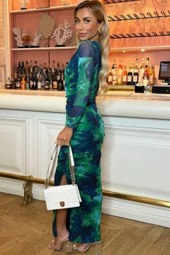 Green Printed Mesh Long Sleeve Bodycon Midi Dress