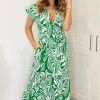Green Printed Short Sleeve Belted Midi Shirt Dress
