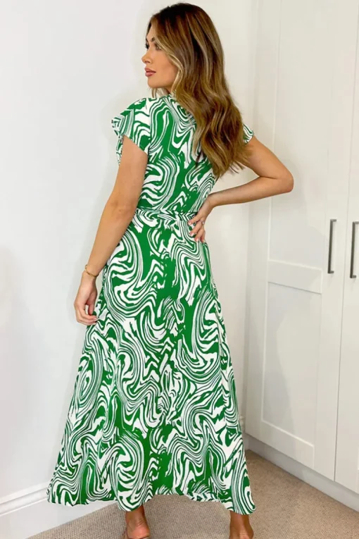 Green Printed Short Sleeve Belted Midi Shirt Dress
