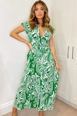 Green Printed Short Sleeve Belted Midi Shirt Dress