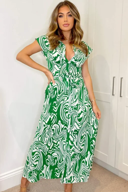 Green Printed Short Sleeve Belted Midi Shirt Dress