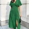 Green Printed V-Neck Short Sleeve Midi Dress