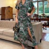Green Printed V-Neck Split Skirt Midi Dress