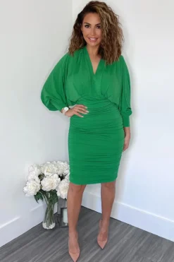 Green Ruched Bat Wing Sleeve Midi Dress