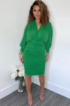 Green Ruched Bat Wing Sleeve Midi Dress
