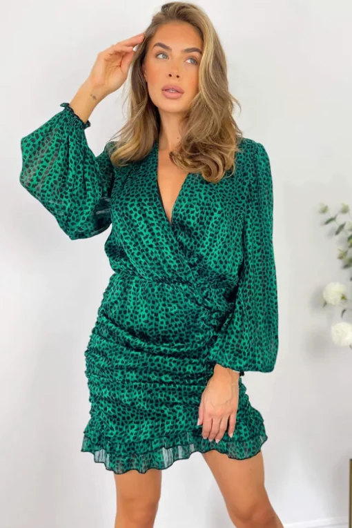 Green Ruched Long Sleeve Mini Dress