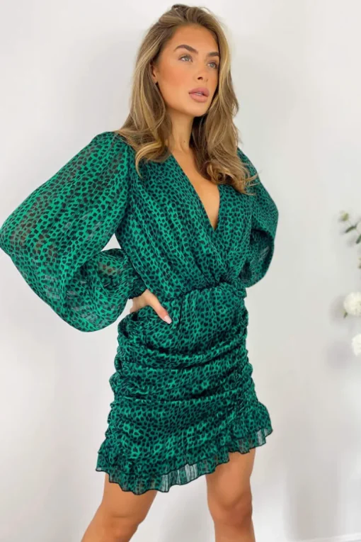 Green Ruched Long Sleeve Mini Dress