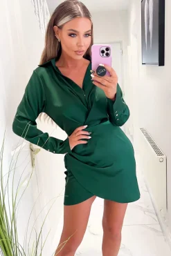 Green Satin Wrap Shirt Dress