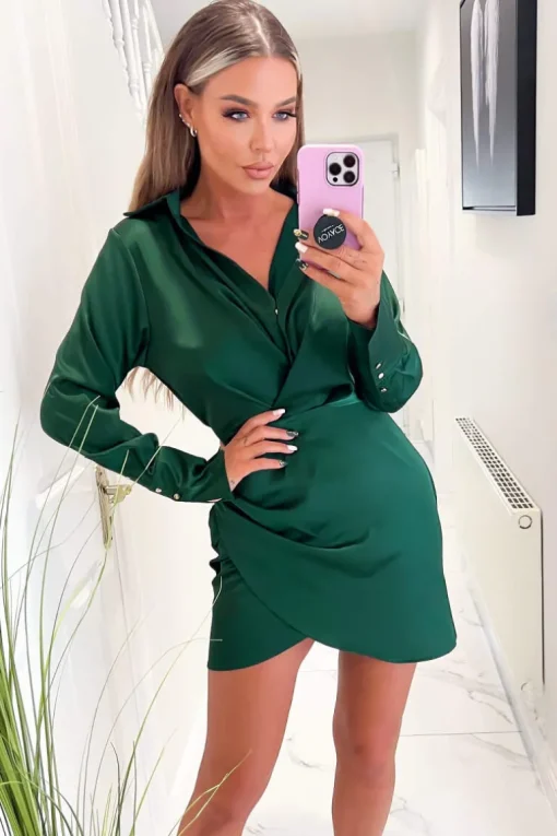 Green Satin Wrap Shirt Dress