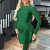 Green Slinky Long Sleeve Sash Bodycon Mini Dress