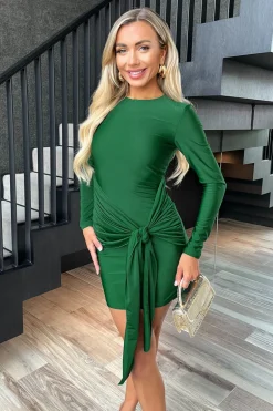Green Slinky Long Sleeve Sash Bodycon Mini Dress