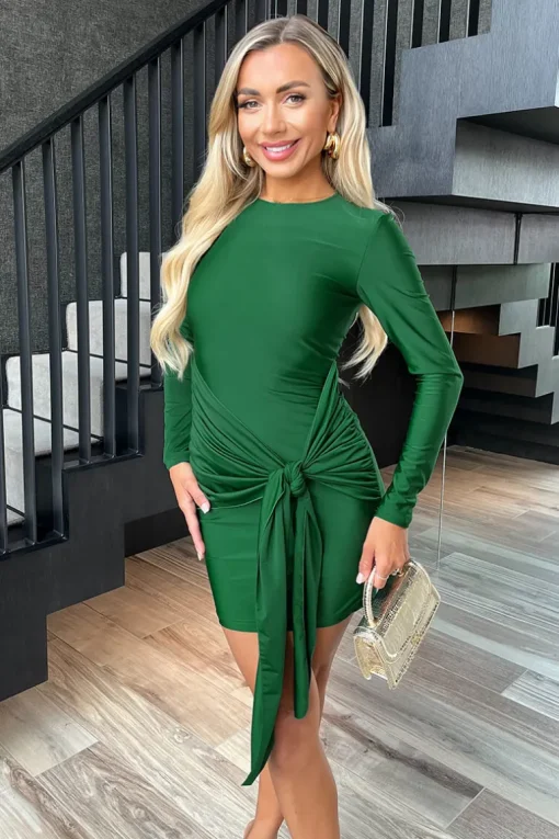 Green Slinky Long Sleeve Sash Bodycon Mini Dress