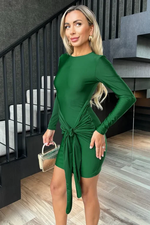 Green Slinky Long Sleeve Sash Bodycon Mini Dress