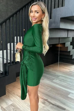 Green Slinky Long Sleeve Sash Bodycon Mini Dress