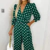 Green Spot Wrap Over Jumpsuit