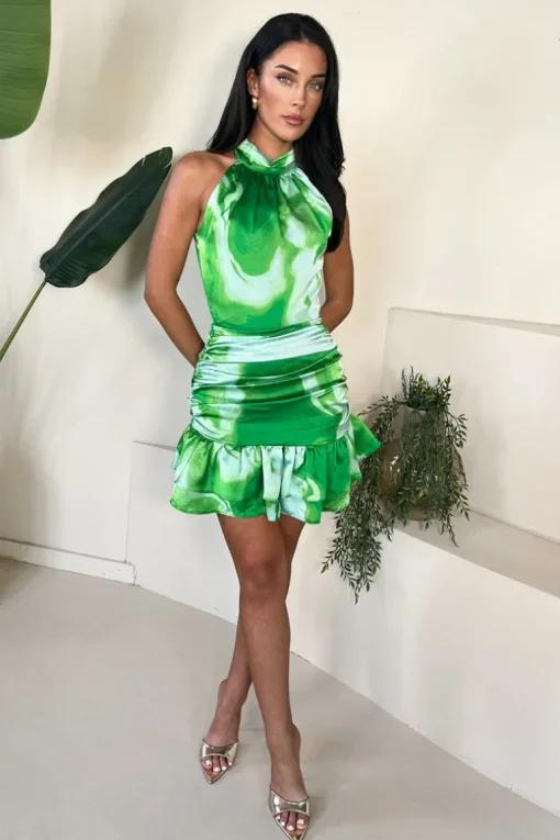 Green Tie Dye Print Halter Neck Ruched Mini Dress