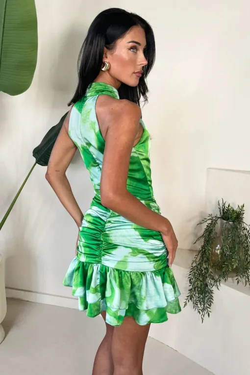 Green Tie Dye Print Halter Neck Ruched Mini Dress