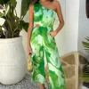 Green Tie Dye Print One Shoulder Cut Out Jumpsuit